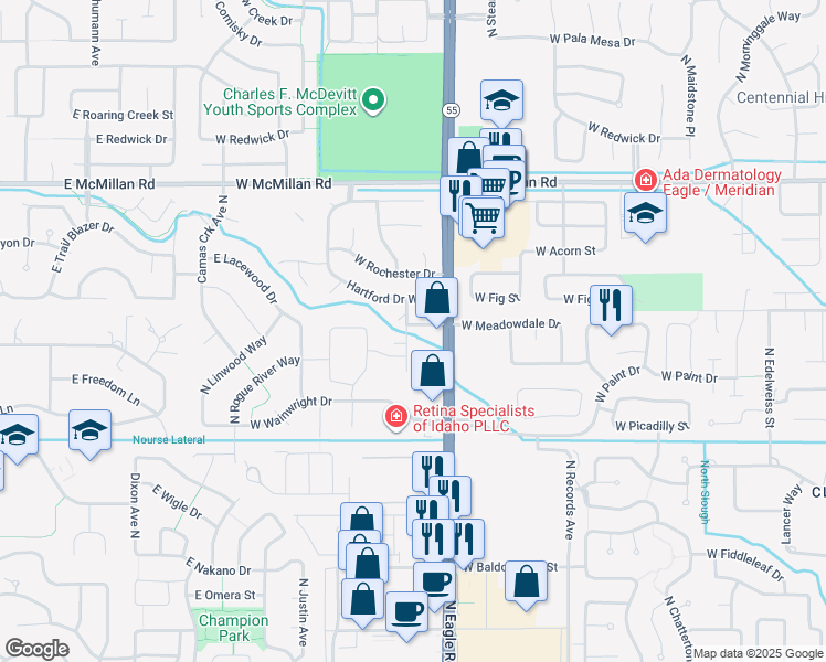 map of restaurants, bars, coffee shops, grocery stores, and more near 4346 North Chapala Way in Boise
