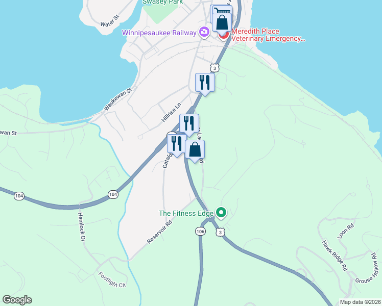 map of restaurants, bars, coffee shops, grocery stores, and more near 193 Daniel Webster Highway in Meredith
