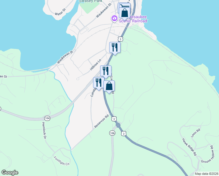 map of restaurants, bars, coffee shops, grocery stores, and more near 193 Daniel Webster Highway in Meredith