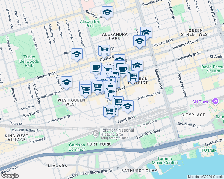 map of restaurants, bars, coffee shops, grocery stores, and more near 650 King Street West in Toronto