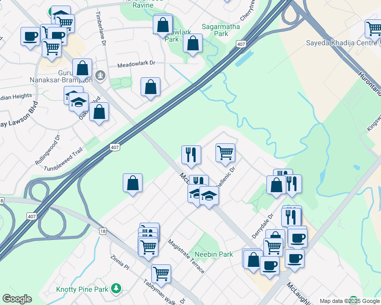 map of restaurants, bars, coffee shops, grocery stores, and more near 7471 Saint Barbara Boulevard in Mississauga