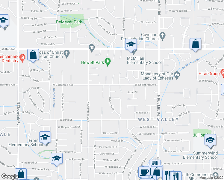 map of restaurants, bars, coffee shops, grocery stores, and more near 11142 Richey Court in Boise