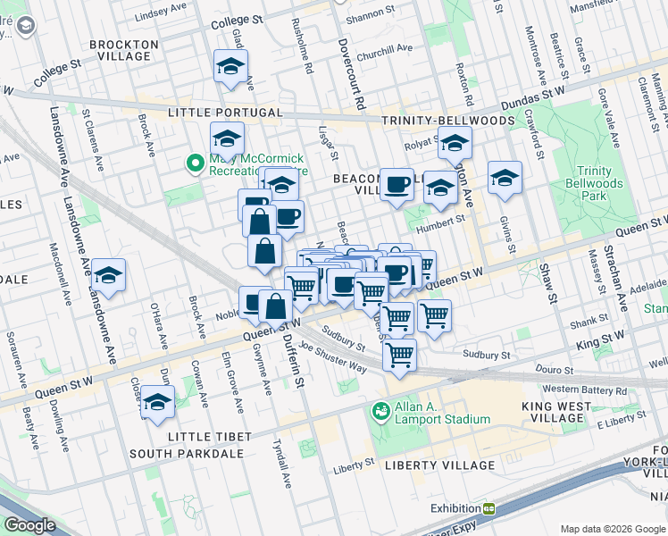 map of restaurants, bars, coffee shops, grocery stores, and more near 47 Northcote Avenue in Toronto