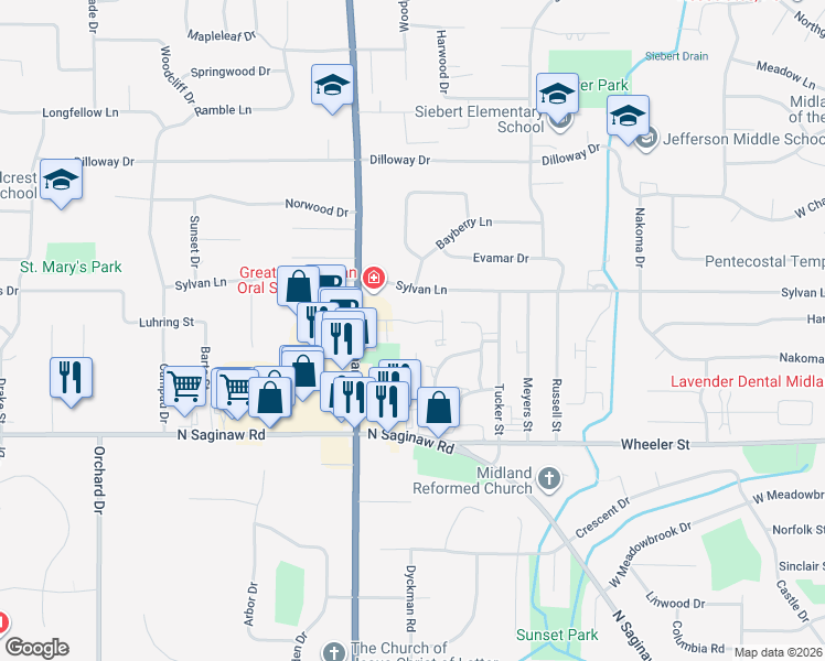 map of restaurants, bars, coffee shops, grocery stores, and more near 1509 Pheasant Ridge Drive in Midland