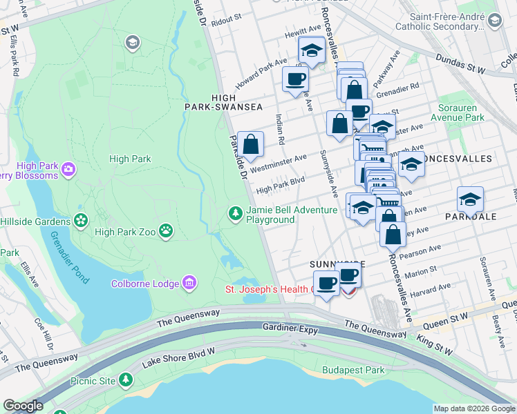 map of restaurants, bars, coffee shops, grocery stores, and more near 189 Parkside Drive in Toronto