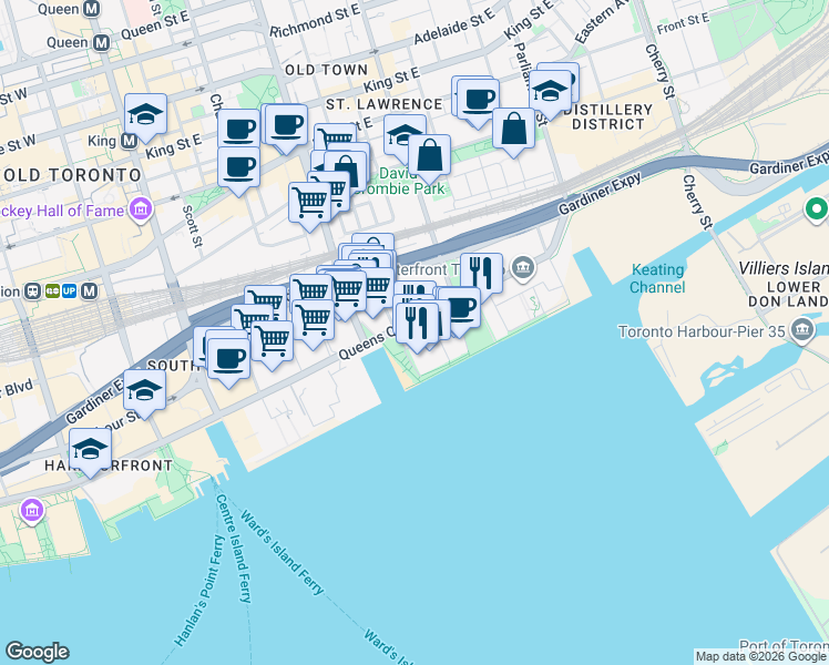 map of restaurants, bars, coffee shops, grocery stores, and more near 155 Queens Quay East in Toronto