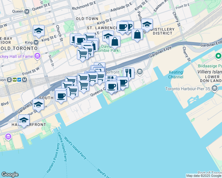 map of restaurants, bars, coffee shops, grocery stores, and more near 155 Queens Quay East in Toronto