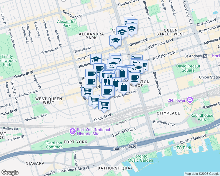 map of restaurants, bars, coffee shops, grocery stores, and more near 539 King Street West in Toronto