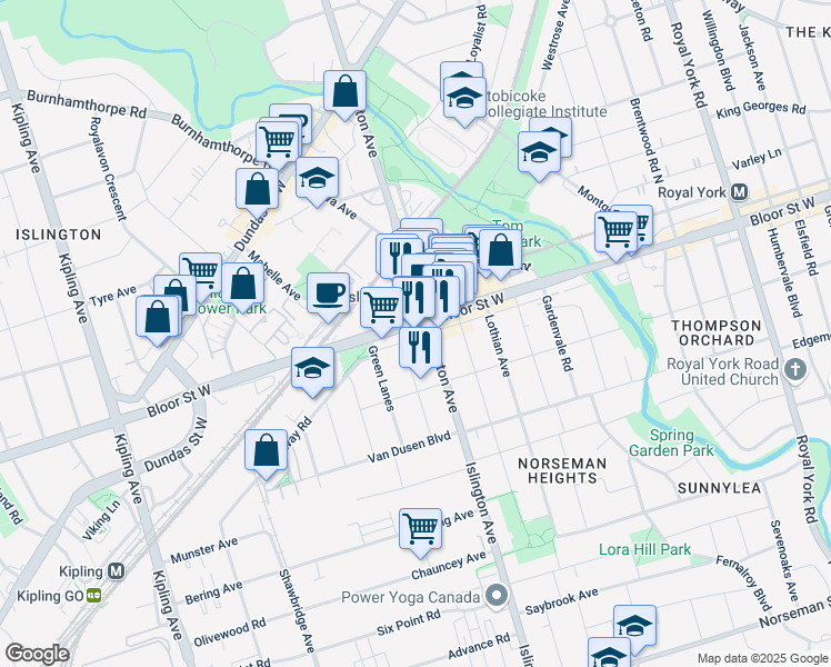 map of restaurants, bars, coffee shops, grocery stores, and more near 3391 Bloor Street West in Toronto