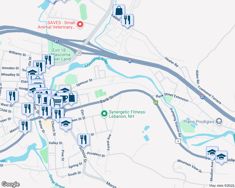 map of restaurants, bars, coffee shops, grocery stores, and more near 75 Bank Street in Lebanon