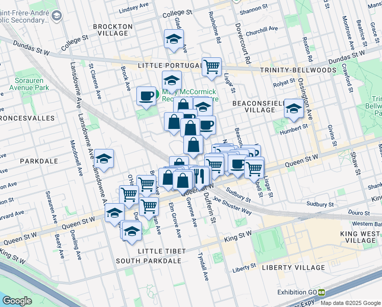 map of restaurants, bars, coffee shops, grocery stores, and more near 410 Dufferin Street in Toronto