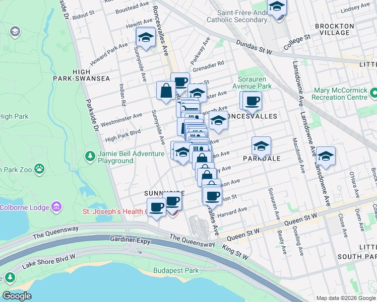 map of restaurants, bars, coffee shops, grocery stores, and more near 203 Fern Avenue in Toronto