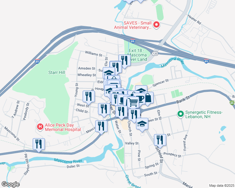map of restaurants, bars, coffee shops, grocery stores, and more near 63 Hanover Street in Lebanon