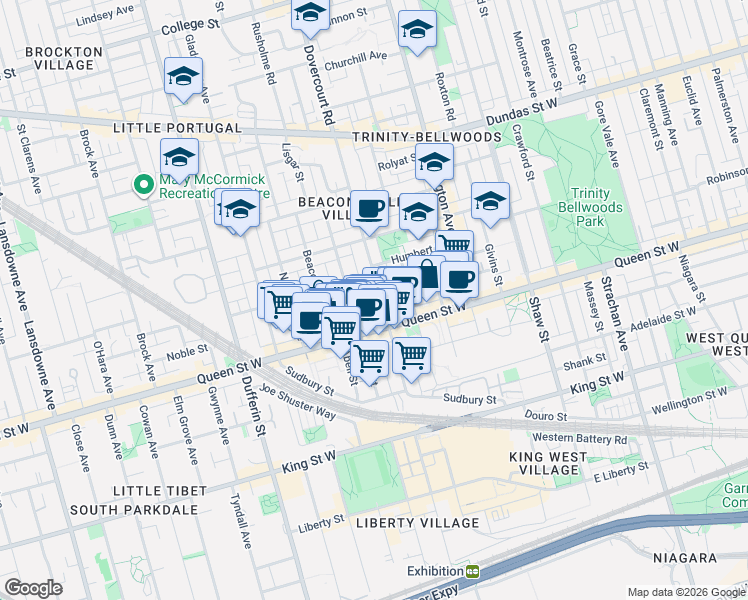 map of restaurants, bars, coffee shops, grocery stores, and more near 126 Dovercourt Road in Toronto