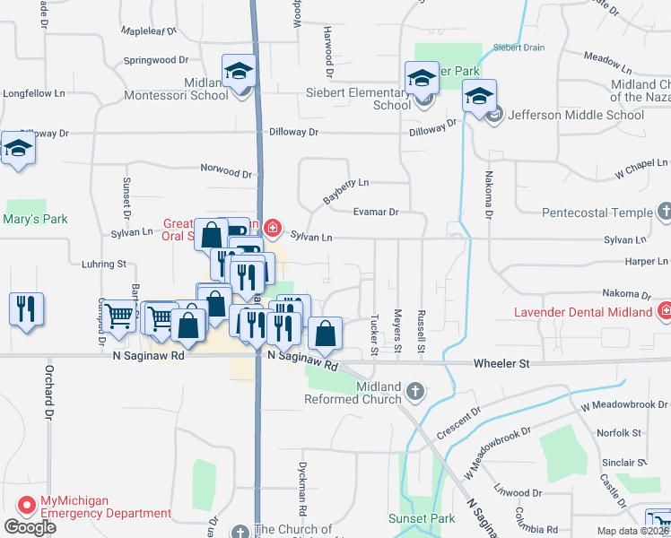 map of restaurants, bars, coffee shops, grocery stores, and more near 1408 Pheasant Ridge Drive in Midland