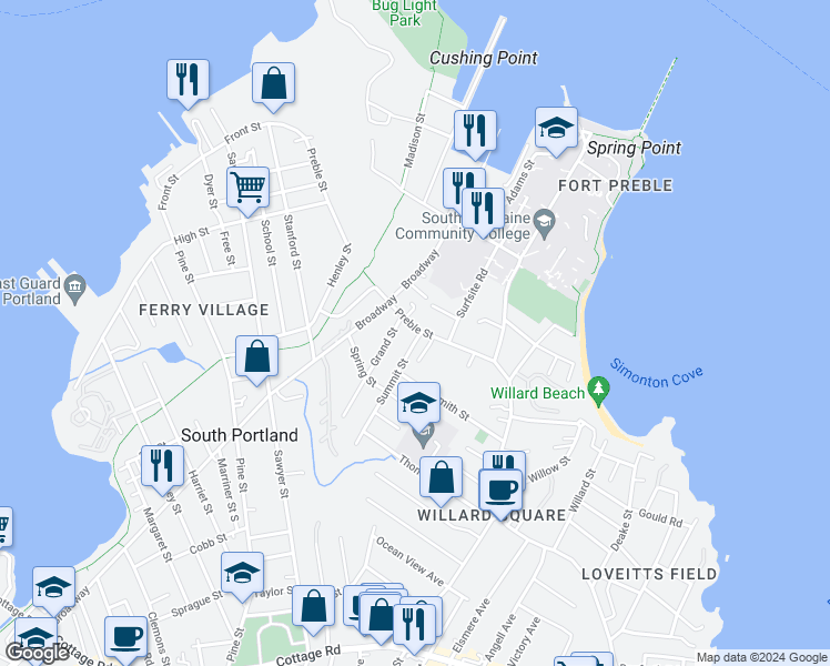 map of restaurants, bars, coffee shops, grocery stores, and more near 185 Preble Street in South Portland