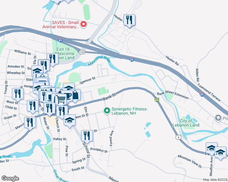 map of restaurants, bars, coffee shops, grocery stores, and more near 75 Bank Street in Lebanon