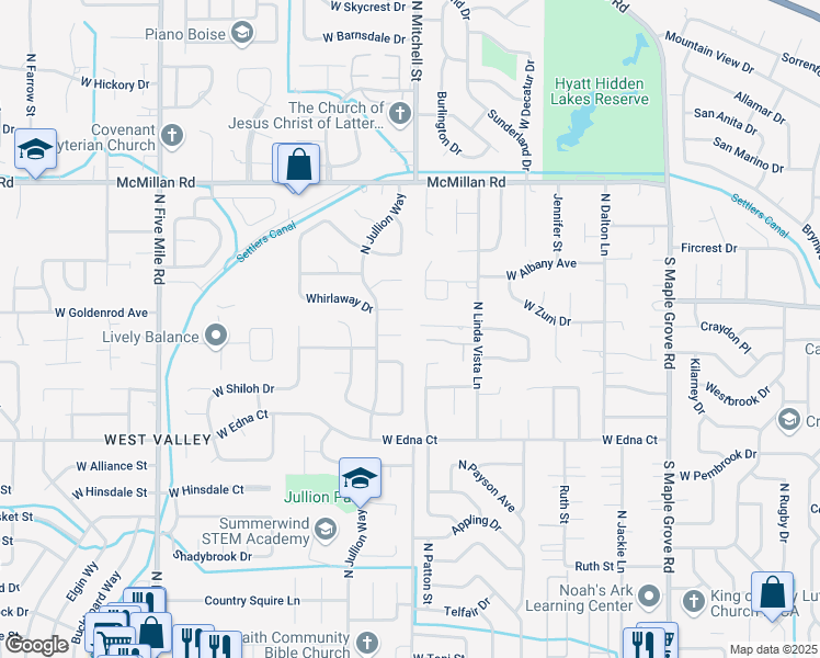 map of restaurants, bars, coffee shops, grocery stores, and more near 9777 West Linstock Lane in Boise