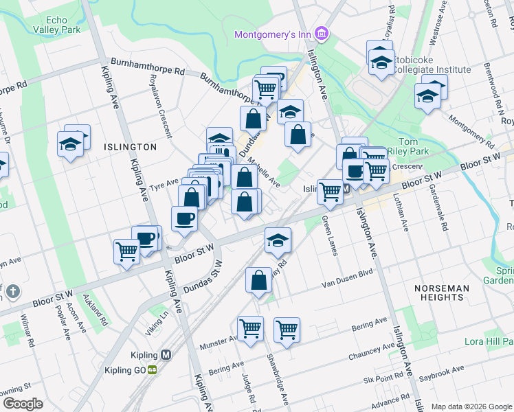 map of restaurants, bars, coffee shops, grocery stores, and more near 9 Michael Power Place in Toronto