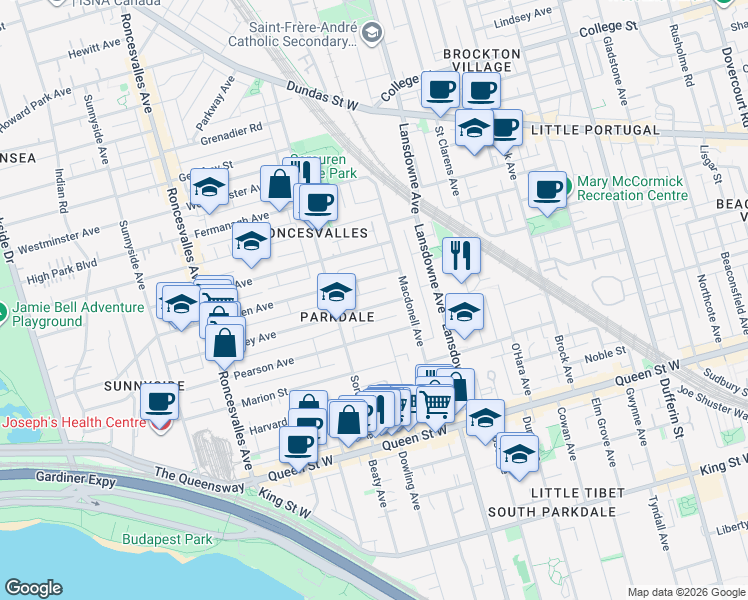 map of restaurants, bars, coffee shops, grocery stores, and more near 22 Galley Avenue in Toronto