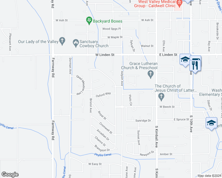 map of restaurants, bars, coffee shops, grocery stores, and more near 611 Hampton Circle in Caldwell
