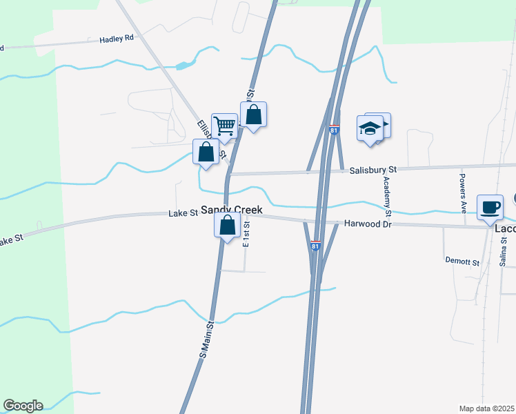 map of restaurants, bars, coffee shops, grocery stores, and more near 2052 Harwood Drive in Sandy Creek