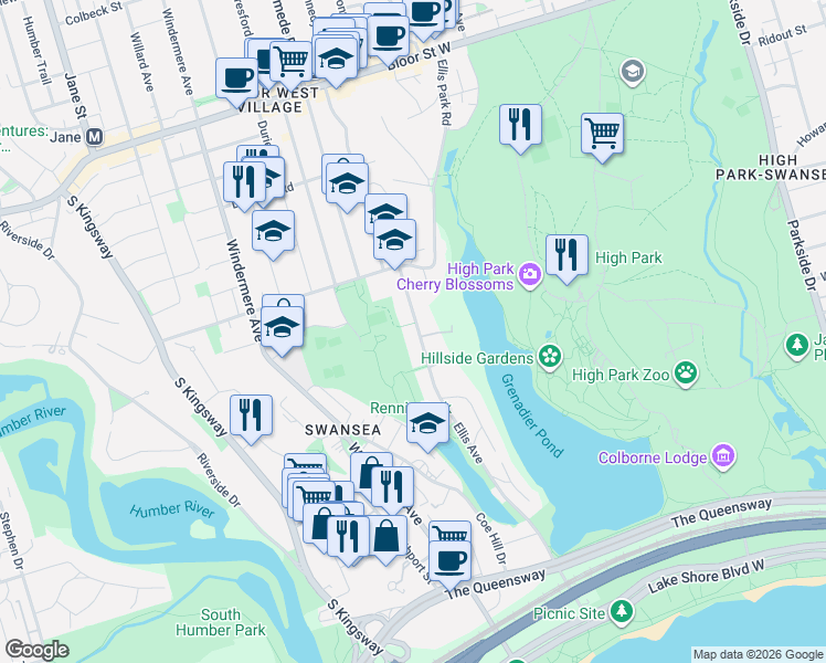 map of restaurants, bars, coffee shops, grocery stores, and more near 215 A Ellis Avenue in Toronto