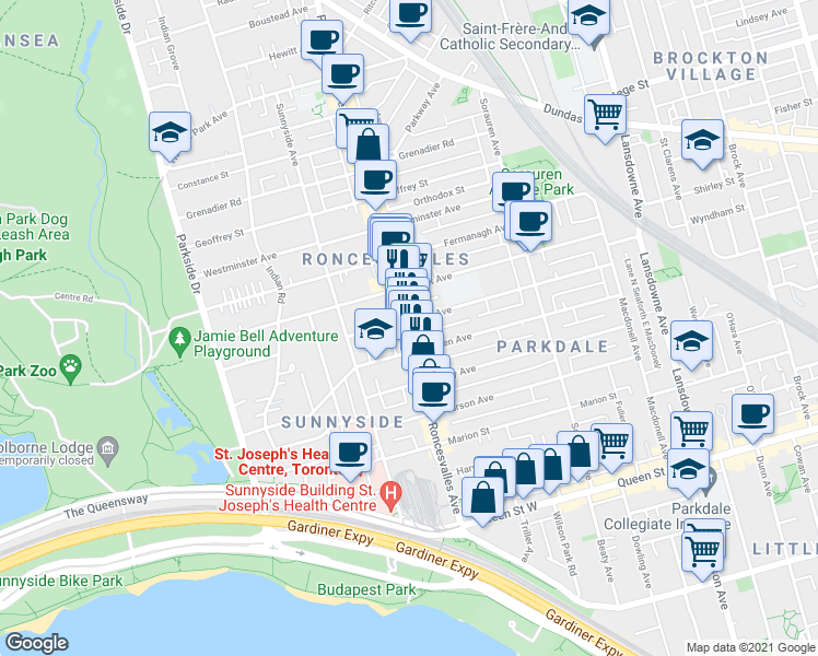 map of restaurants, bars, coffee shops, grocery stores, and more near 173 Roncesvalles Avenue in Toronto