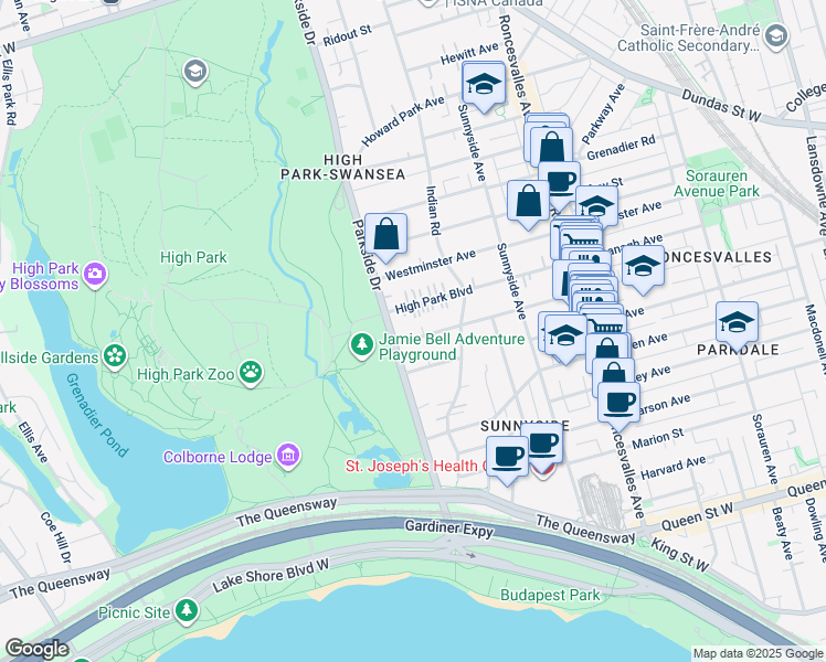map of restaurants, bars, coffee shops, grocery stores, and more near 310 Wright Avenue in Toronto