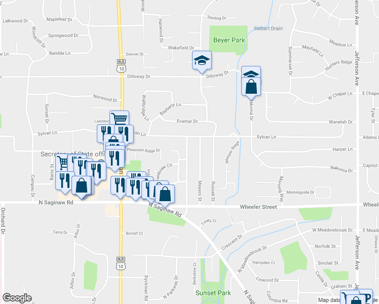 map of restaurants, bars, coffee shops, grocery stores, and more near 5106 Tucker Street in Midland