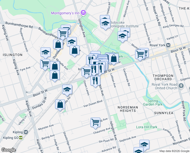map of restaurants, bars, coffee shops, grocery stores, and more near 3391 Bloor Street West in Toronto