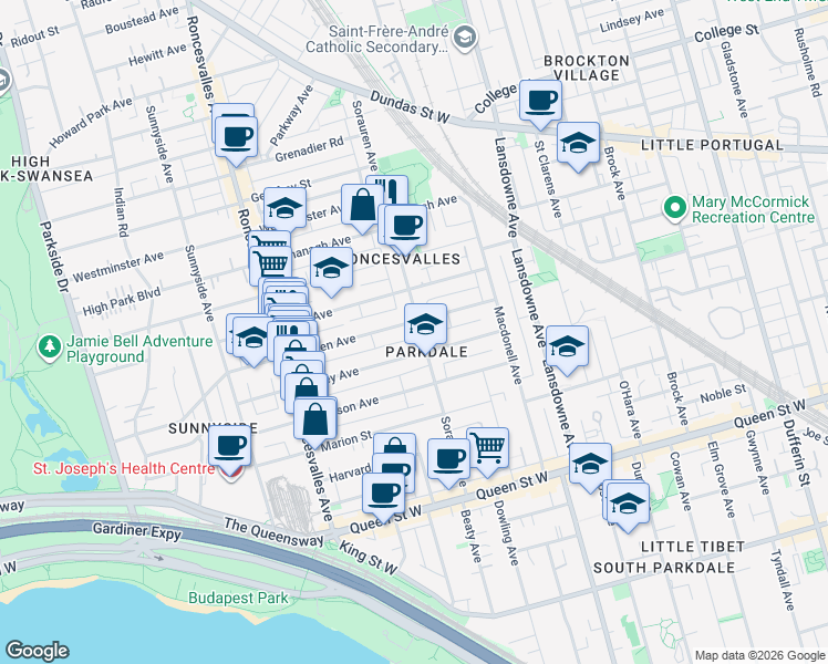 map of restaurants, bars, coffee shops, grocery stores, and more near 154 Sorauren Avenue in Toronto