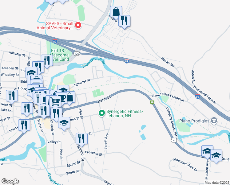 map of restaurants, bars, coffee shops, grocery stores, and more near 78 Bank Street in Lebanon