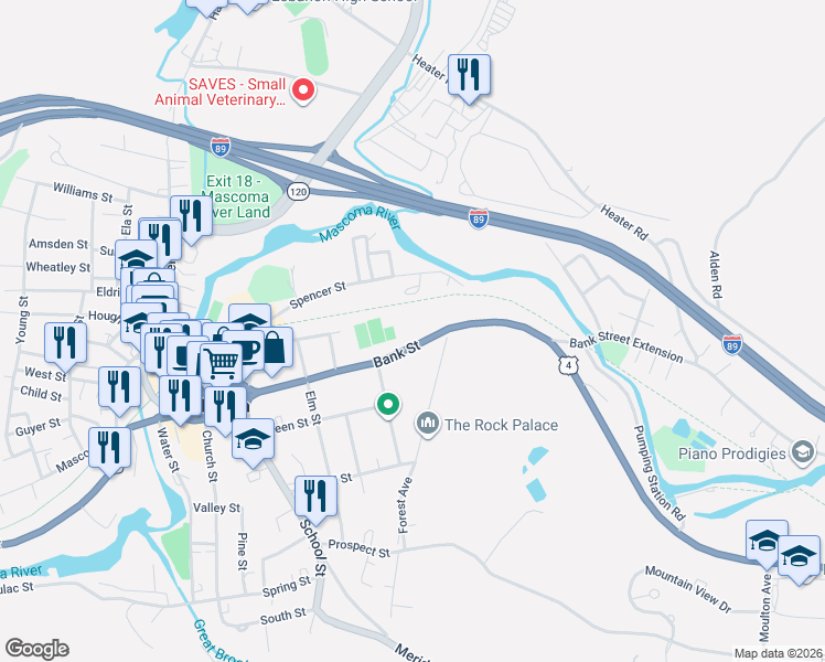 map of restaurants, bars, coffee shops, grocery stores, and more near 75 Bank Street in Lebanon