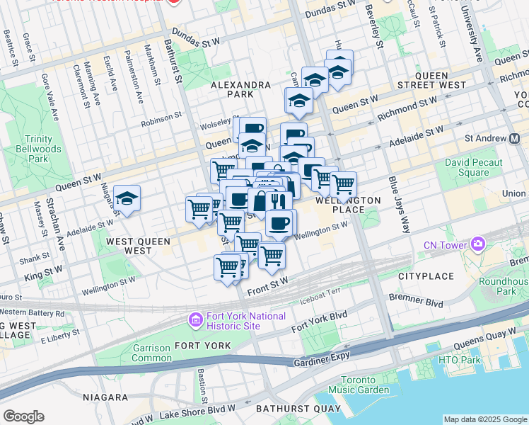map of restaurants, bars, coffee shops, grocery stores, and more near King Street West in Toronto
