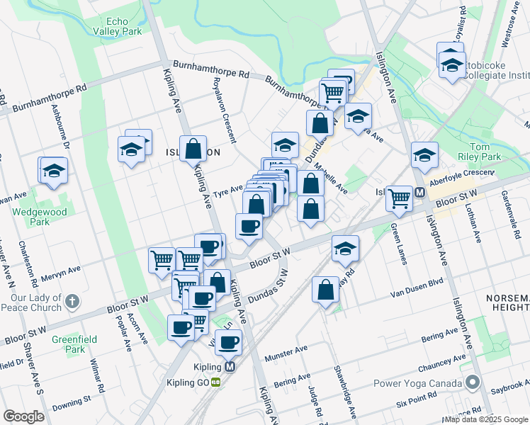 map of restaurants, bars, coffee shops, grocery stores, and more near 15 Summerland Terrace in Toronto