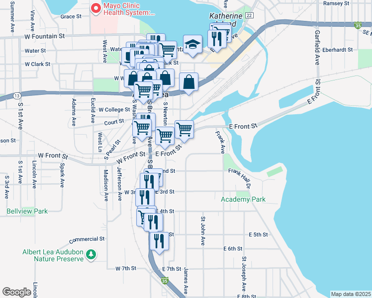 map of restaurants, bars, coffee shops, grocery stores, and more near 616 James Avenue in Albert Lea