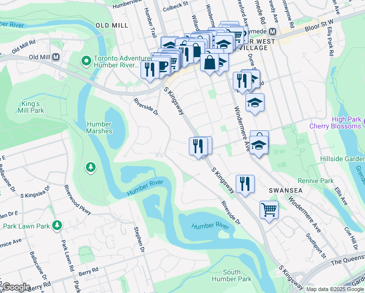 map of restaurants, bars, coffee shops, grocery stores, and more near 5 Mossom Place in Toronto