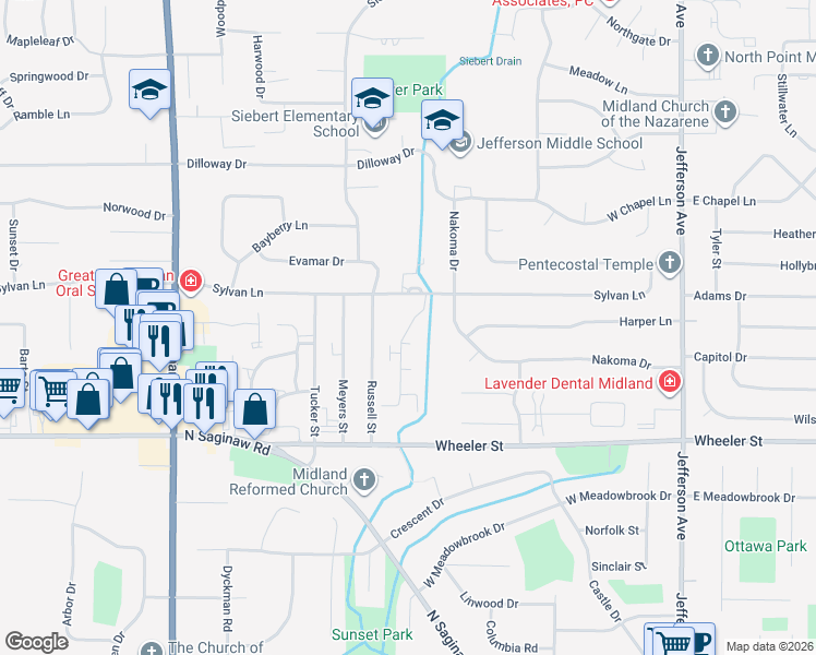 map of restaurants, bars, coffee shops, grocery stores, and more near 5001 Whisper Ridge in Midland