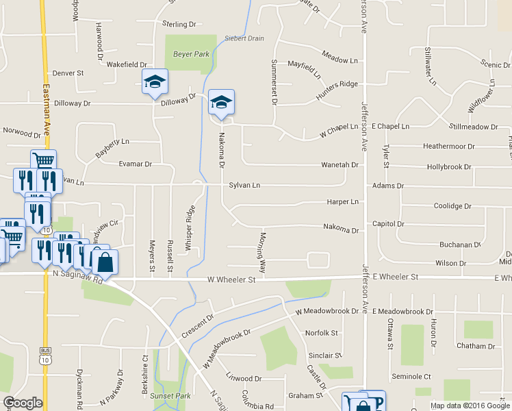 map of restaurants, bars, coffee shops, grocery stores, and more near 605 Harper Lane in Midland