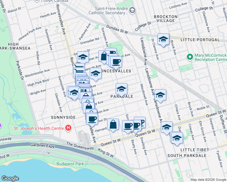 map of restaurants, bars, coffee shops, grocery stores, and more near 73A Garden Avenue in Toronto