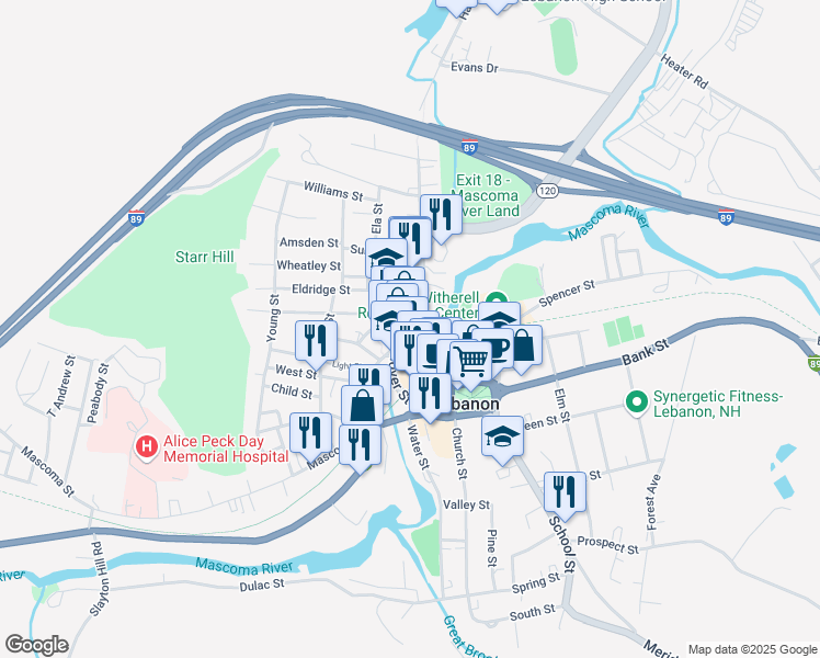map of restaurants, bars, coffee shops, grocery stores, and more near 67 Hanover Street in Lebanon