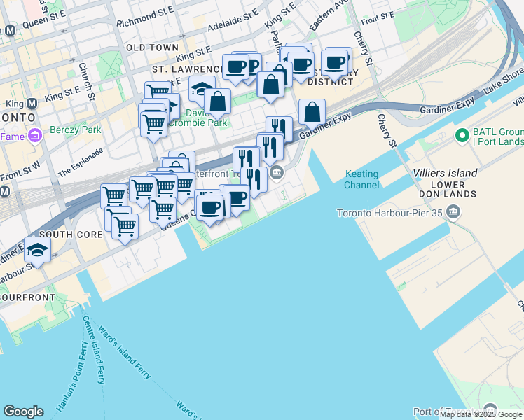 map of restaurants, bars, coffee shops, grocery stores, and more near 55 Merchants' Wharf in Toronto