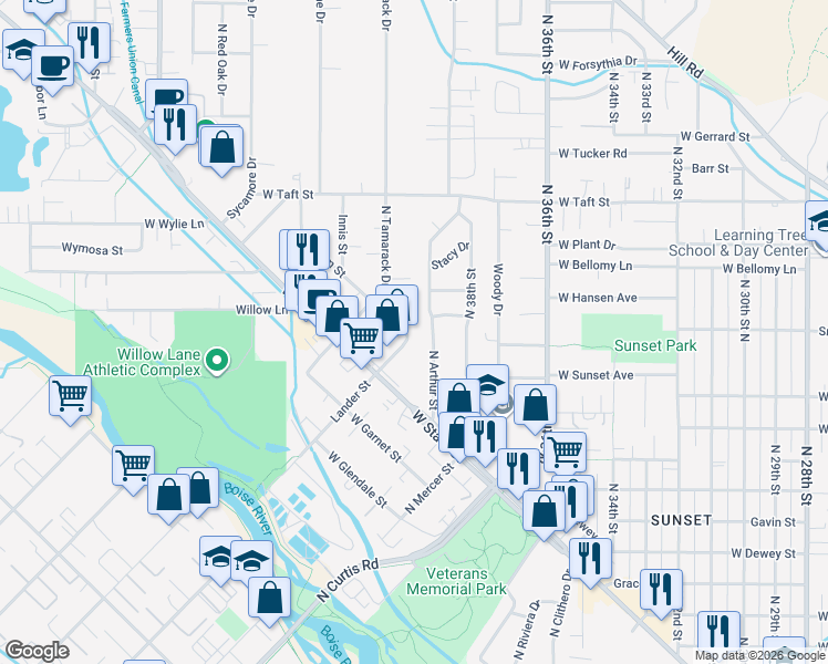 map of restaurants, bars, coffee shops, grocery stores, and more near 4000 Plum Street in Boise