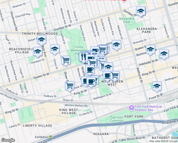 map of restaurants, bars, coffee shops, grocery stores, and more near 845 Richmond Street West in Toronto