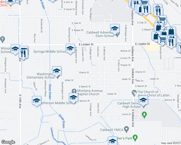 map of restaurants, bars, coffee shops, grocery stores, and more near 2900 College Avenue in Caldwell