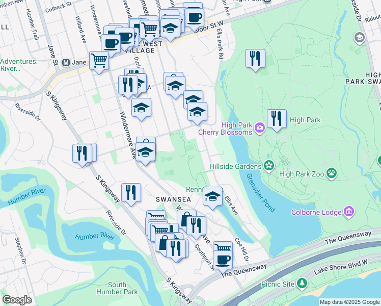 map of restaurants, bars, coffee shops, grocery stores, and more near 1 Rennie Terrace in Toronto