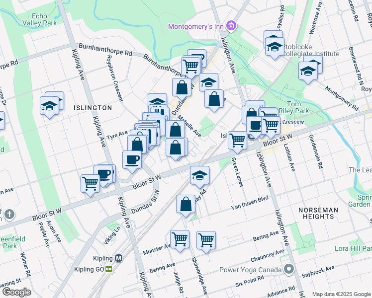 map of restaurants, bars, coffee shops, grocery stores, and more near 9 Michael Power Place in Toronto