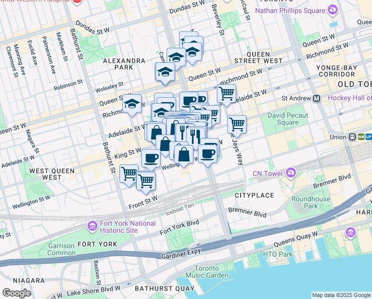 map of restaurants, bars, coffee shops, grocery stores, and more near 461 King Street West in Toronto