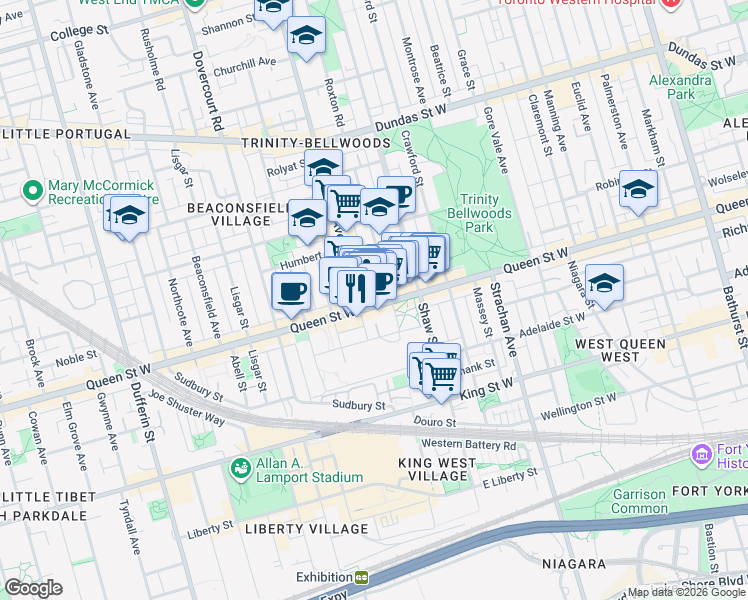 map of restaurants, bars, coffee shops, grocery stores, and more near 988 Queen Street West in Toronto